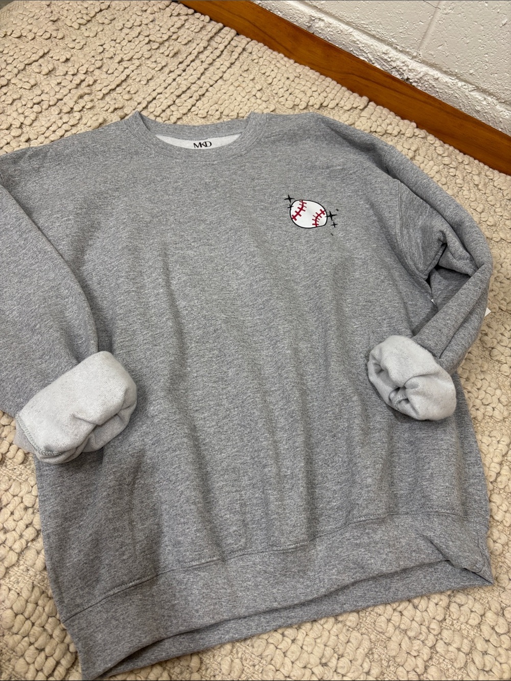 Gray Baseball Embroidery Crewneck Sweater